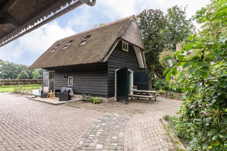 Antonia zijaanzicht vanaf de paardenstallen huis met oprit en picknicktafel bij Woudstee